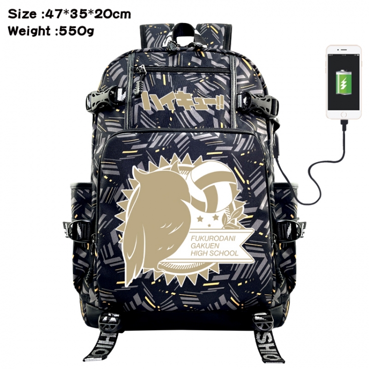 Haikyuu!! Anime data cable camouflage print USB backpack schoolbag 47x35x20cm