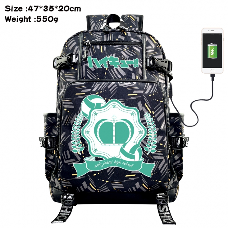 Haikyuu!! Anime data cable camouflage print USB backpack schoolbag 47x35x20cm