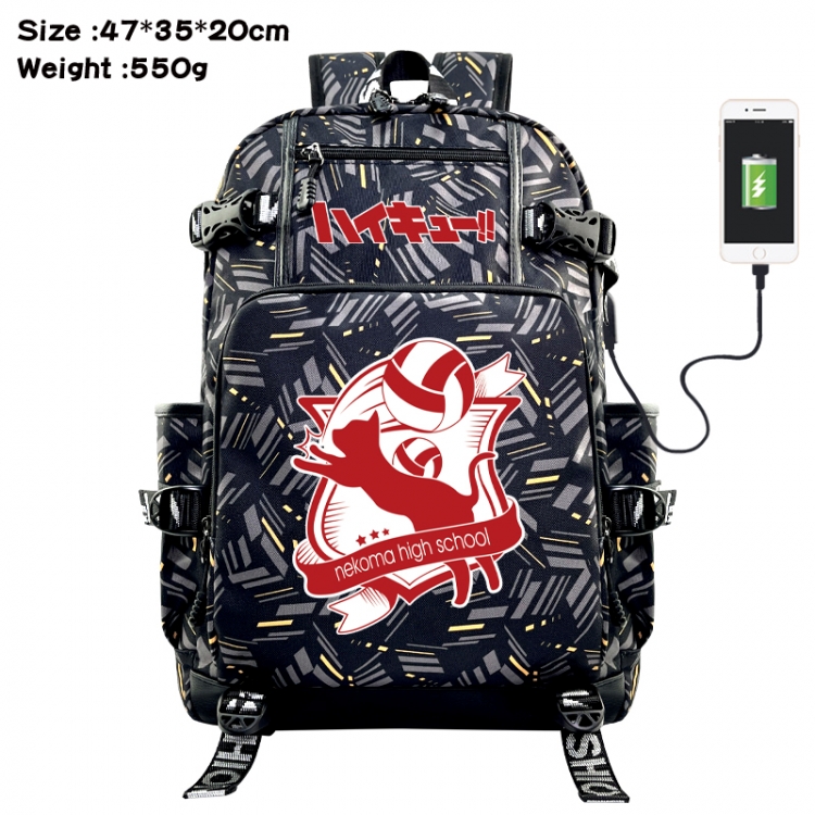 Haikyuu!! Anime data cable camouflage print USB backpack schoolbag 47x35x20cm