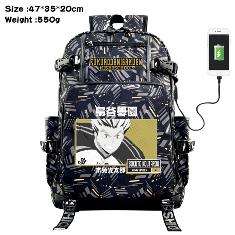 Haikyuu!! Anime data cable camouflage print USB backpack schoolbag 47x35x20cm