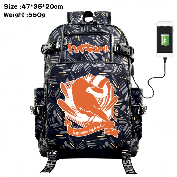 Haikyuu!! Anime data cable camouflage print USB backpack schoolbag 47x35x20cm