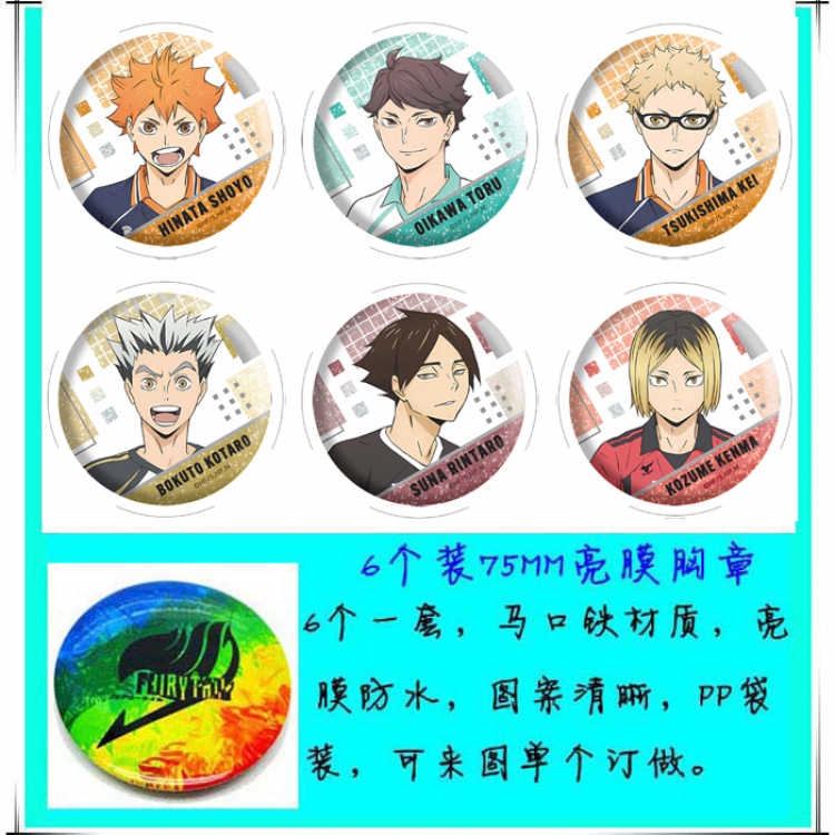 Haikyuu!! Anime round Badge Bright film badge Brooch 75mm a set of 6