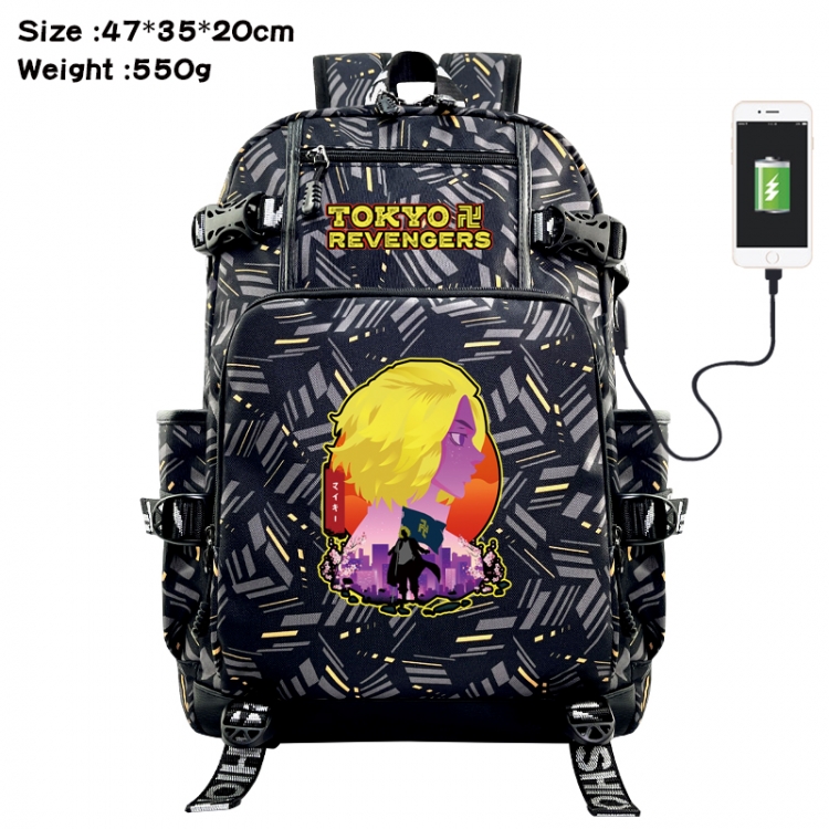 Tokyo Revengers Anime data cable camouflage print USB backpack schoolbag 47x35x20cm