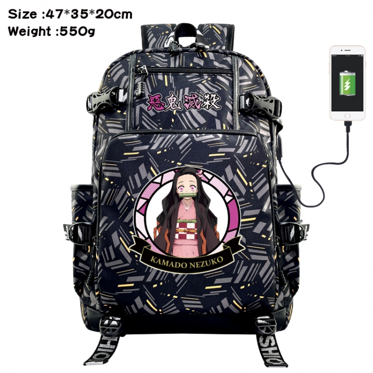 Demon Slayer Kimets Anime data cable camouflage print USB backpack schoolbag 47x35x20cm