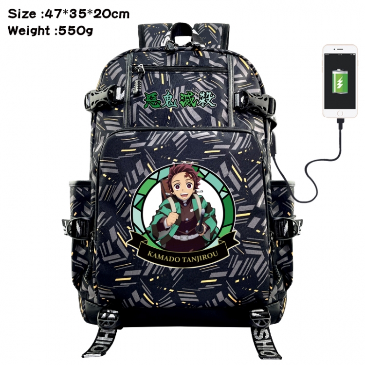 Demon Slayer Kimets Anime data cable camouflage print USB backpack schoolbag 47x35x20cm