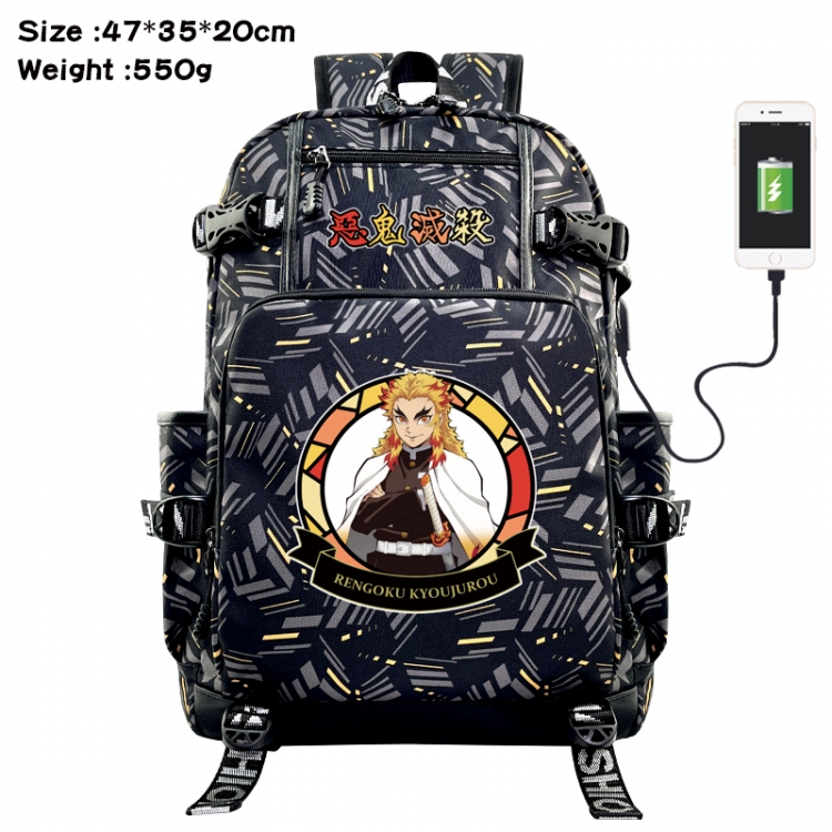 Demon Slayer Kimets Anime data cable camouflage print USB backpack schoolbag 47x35x20cm