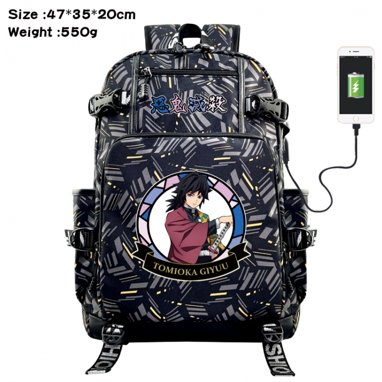 Demon Slayer Kimets Anime data cable camouflage print USB backpack schoolbag 47x35x20cm