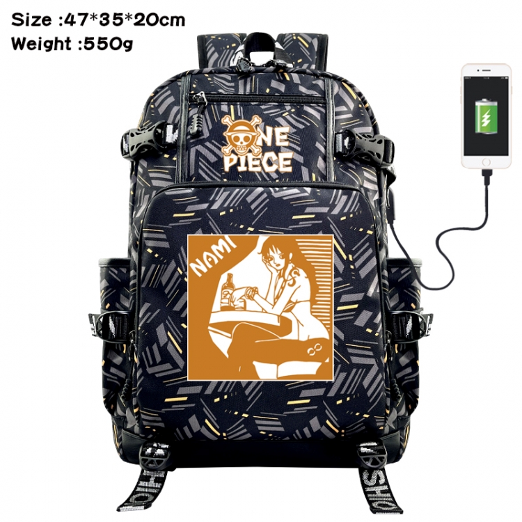 One Piece Anime data cable camouflage print USB backpack schoolbag 47x35x20cm