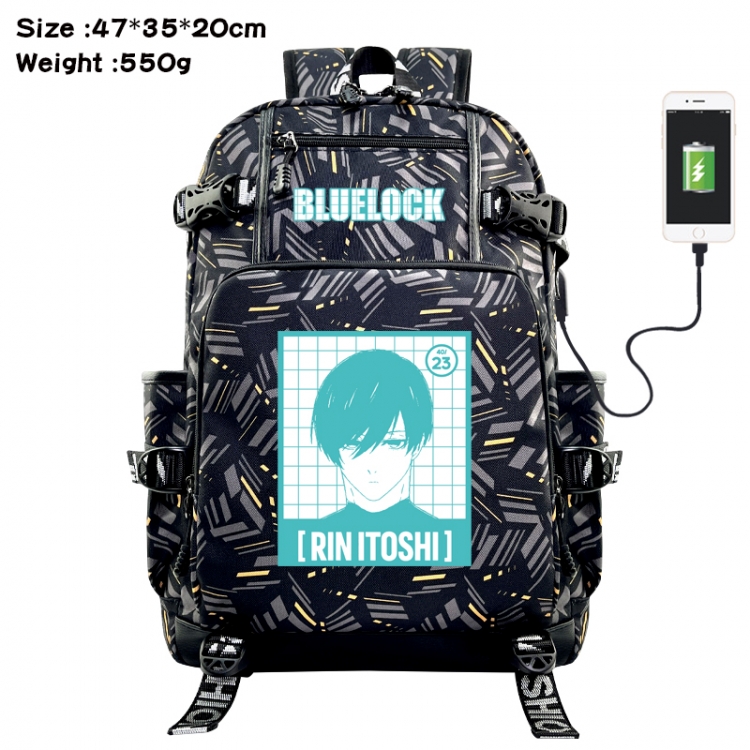 BLUE LOCK Anime data cable camouflage print USB backpack schoolbag 47x35x20cm