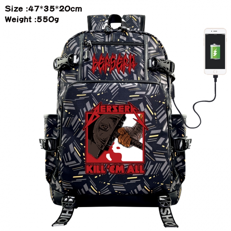 Berserk Anime data cable camouflage print USB backpack schoolbag 47x35x20cm