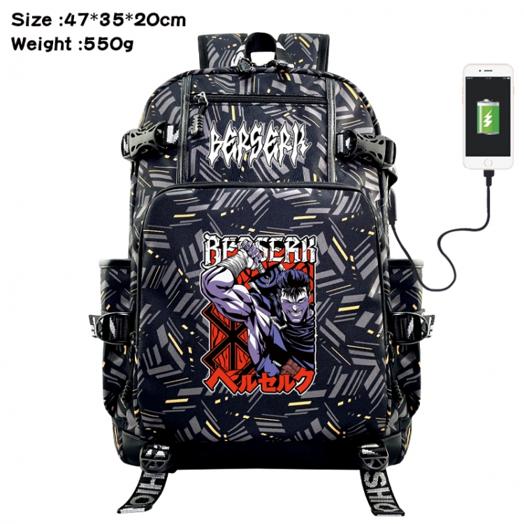 Berserk Anime data cable camouflage print USB backpack schoolbag 47x35x20cm