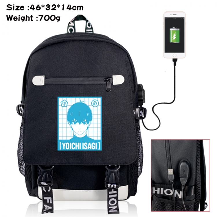 BLUE LOCK canvas USB backpack cartoon print student backpack 46X32X14CM 700g 
