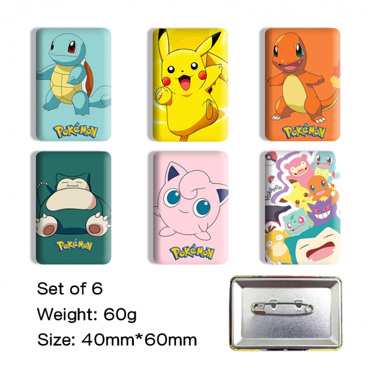 Pokemon Anime square tinplate badge chest badge 4X6CM a set of 6