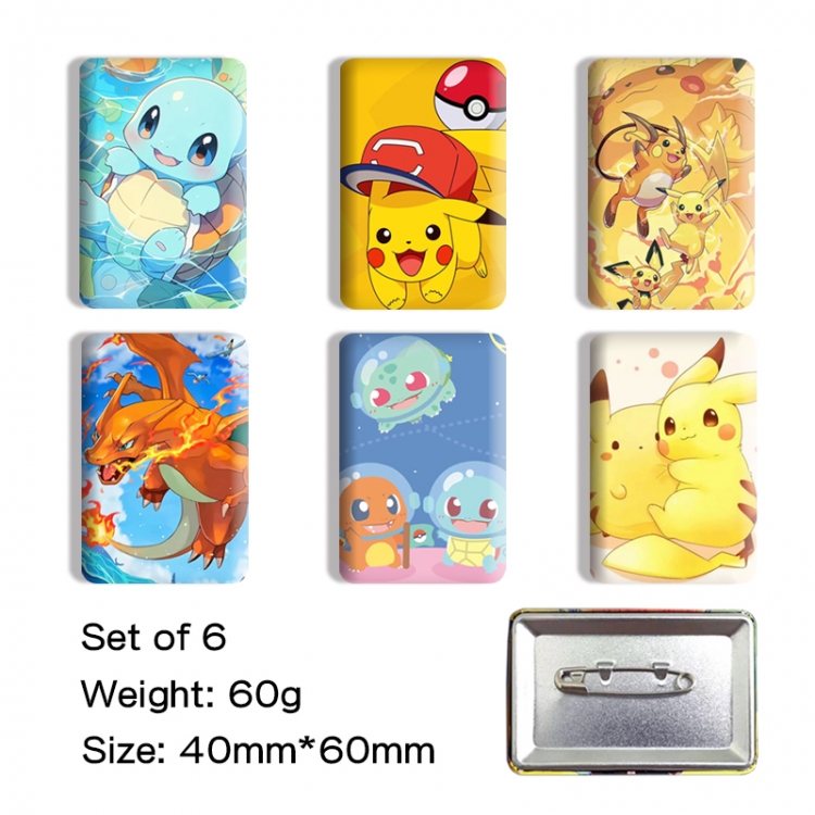 Pokemon Anime square tinplate badge chest badge 4X6CM a set of 6