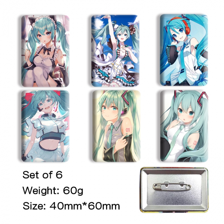 Hatsune Miku Anime square tinplate badge chest badge 4X6CM a set of 6
