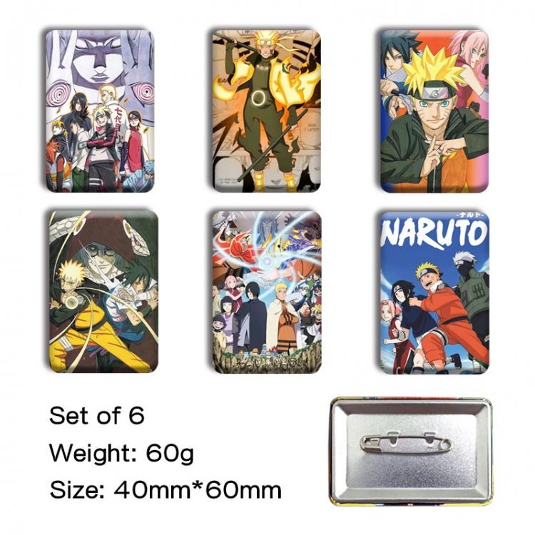 Naruto Anime square tinplate badge chest badge 4X6CM a set of 6