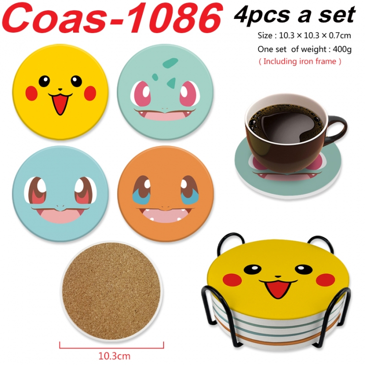 Pokemon Anime peripheral circular coaster UV printed ceramic cork insulation pad a set of 4