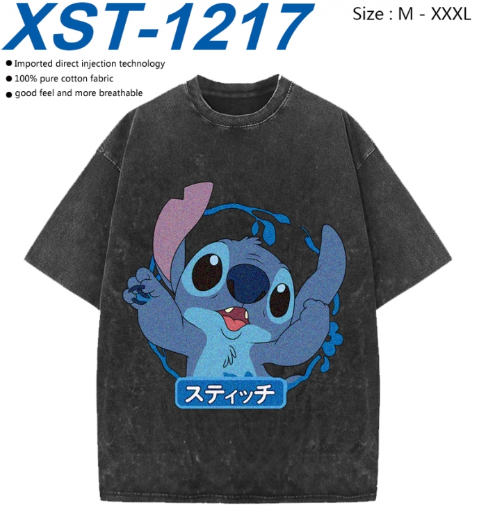 Lilo & Stitch Cotton direct spray color print washed denim T-shirt 250g from M to 3XL