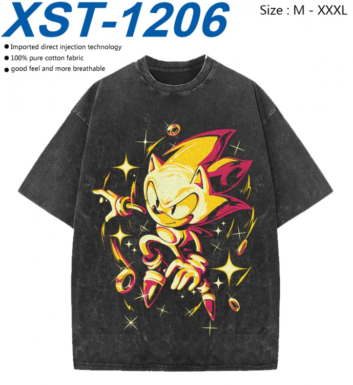 Sonic The Hedgehog Cotton direct spray color print washed denim T-shirt 250g from M to 3XL