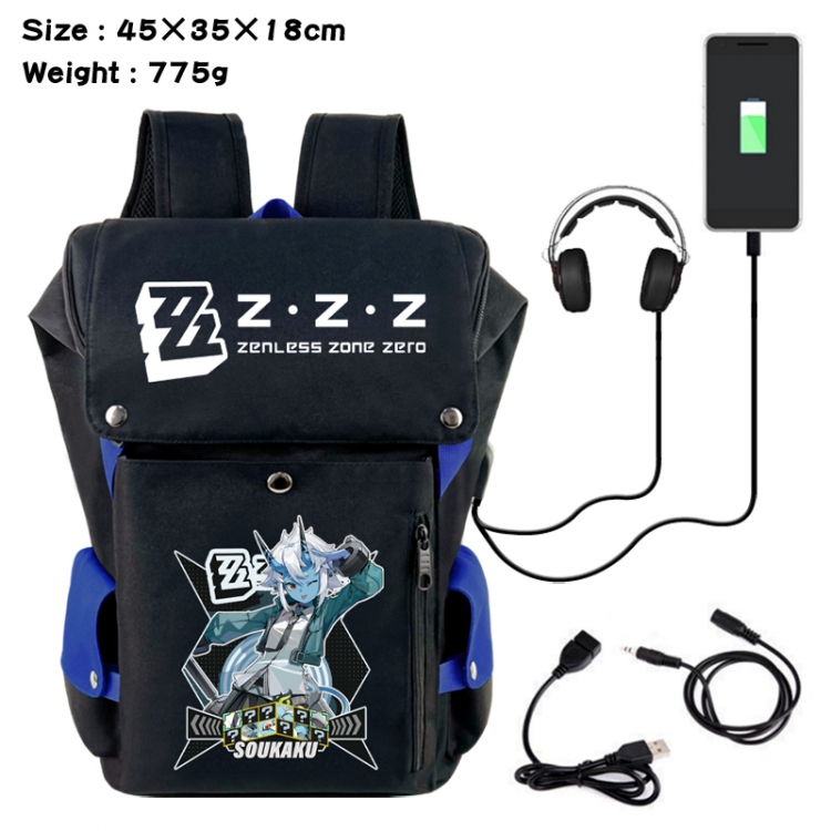 Zenless Zone Zero Anime Canvas Bucket Data Cable Backpack School Bag 45X35X18CM 775G