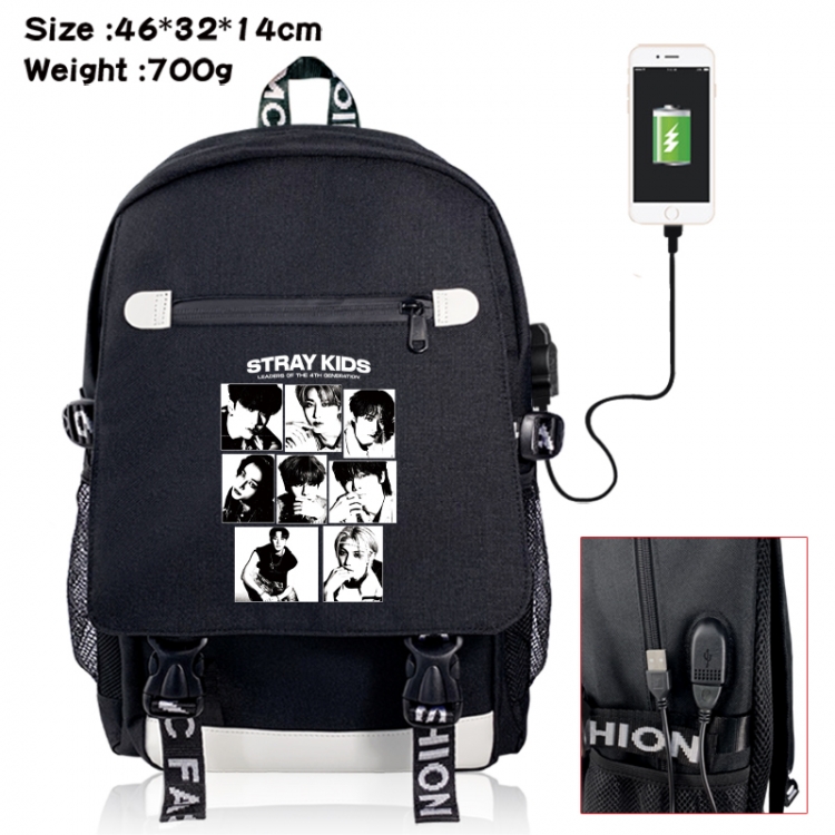 straykids canvas USB backpack cartoon print student backpack 46X32X14CM 700g 