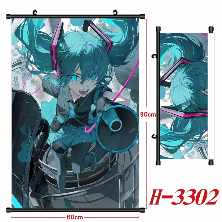 Hatsune Miku Anime Black Plastic Rod Canvas Painting Wall Scroll 60X90CM H-3302