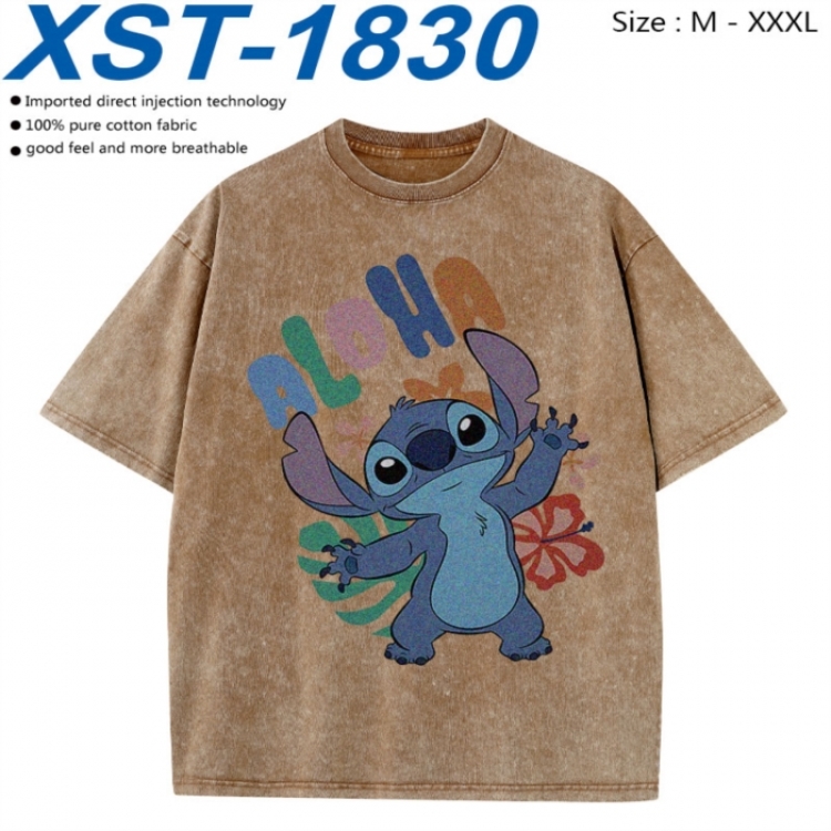 Lilo & Stitch Cotton direct spray color print washed denim T-shirt 250g from M to 3XL