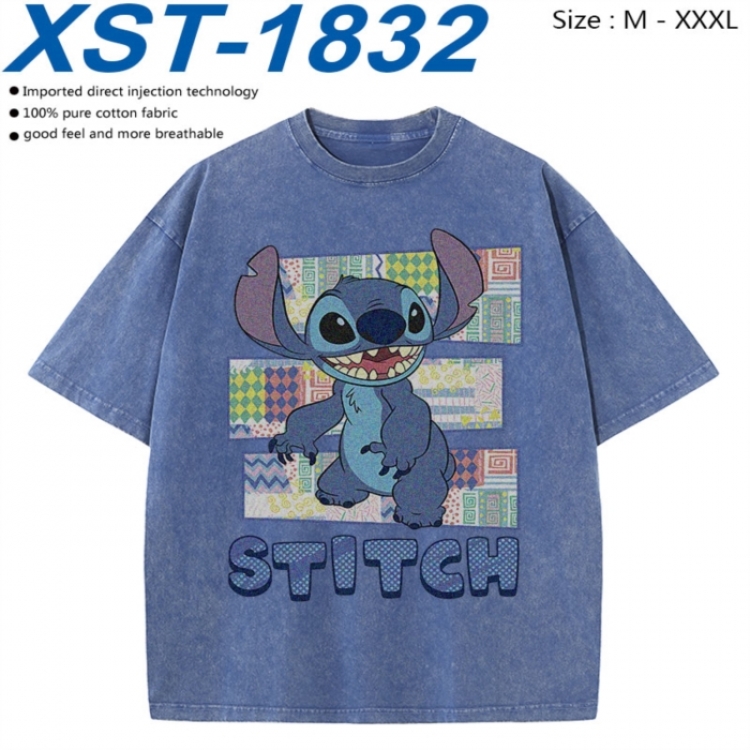 Lilo & Stitch Cotton direct spray color print washed denim T-shirt 250g from M to 3XL