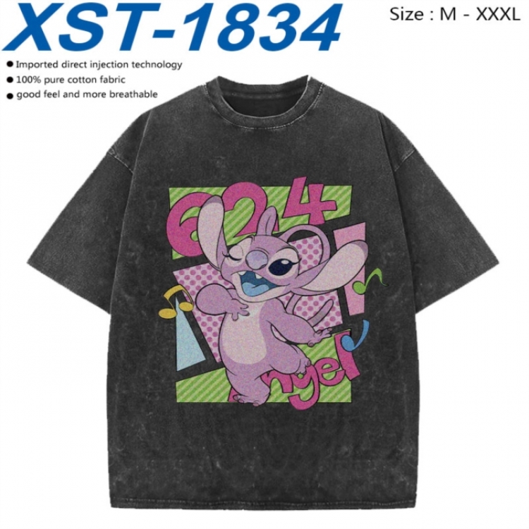 Lilo & Stitch Cotton direct spray color print washed denim T-shirt 250g from M to 3XL