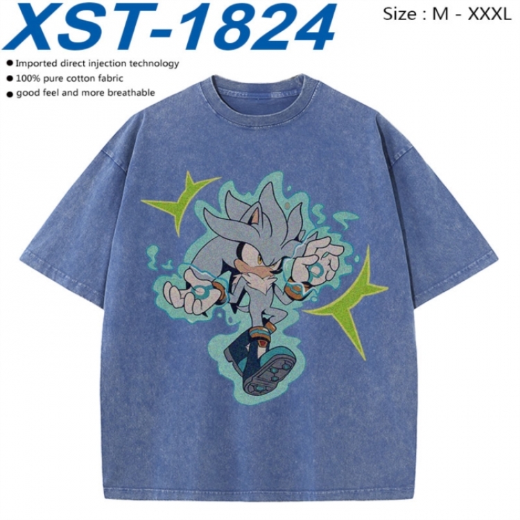 Sonic The Hedgehog Cotton direct spray color print washed denim T-shirt 250g from M to 3XL  XST-1824