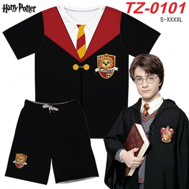 Harry Potter Anime Ant Wrinkle Material Full Color Short Sleeve T-shirt+Shorts Set from S to 4XL