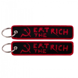 EAT THE RICH  Double sided color woven label keychain with thickened hanging rope 13x3cm 10G price for 5 pcs