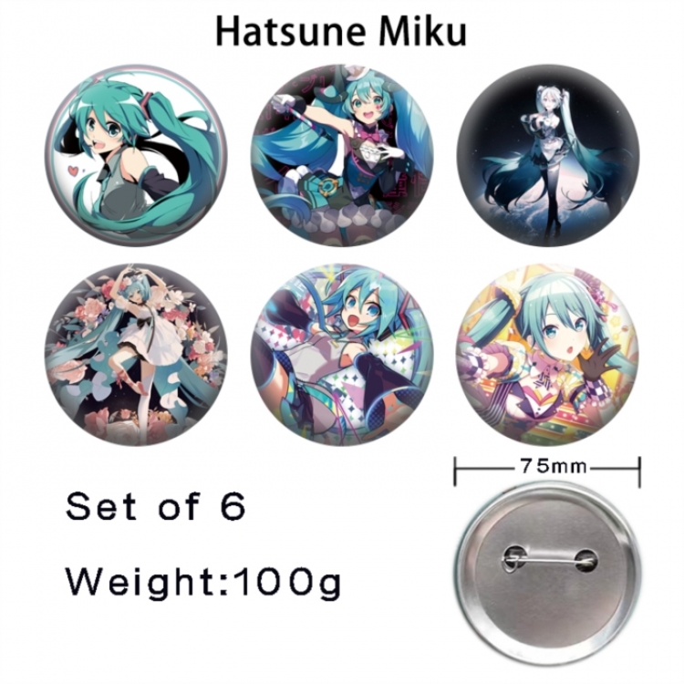Hatsune Miku Anime Tinplate Bright Film Emblem Badge 75mm a set of 6