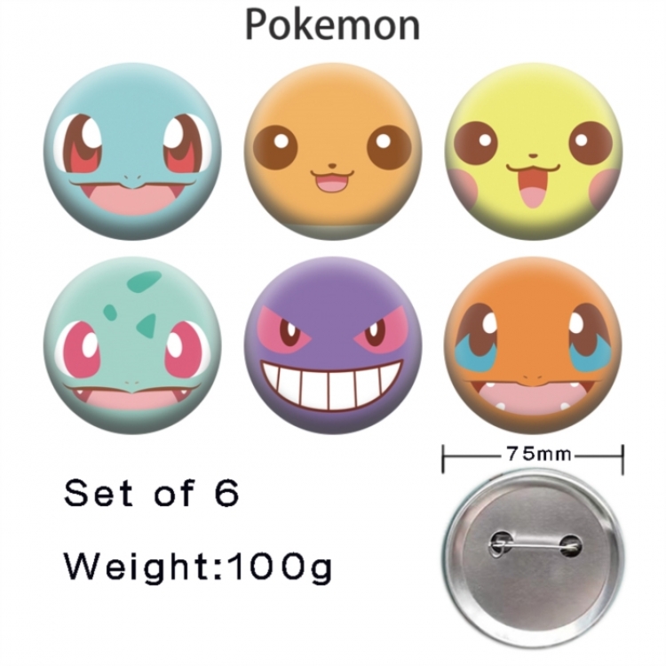Pokemon Anime Tinplate Bright Film Emblem Badge 75mm a set of 6