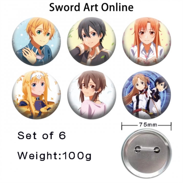 Sword Art Online Anime Tinplate Bright Film Emblem Badge 75mm a set of 6