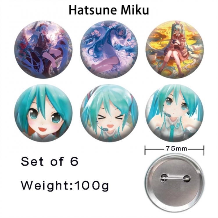Hatsune Miku Anime Tinplate Bright Film Emblem Badge 75mm a set of 6