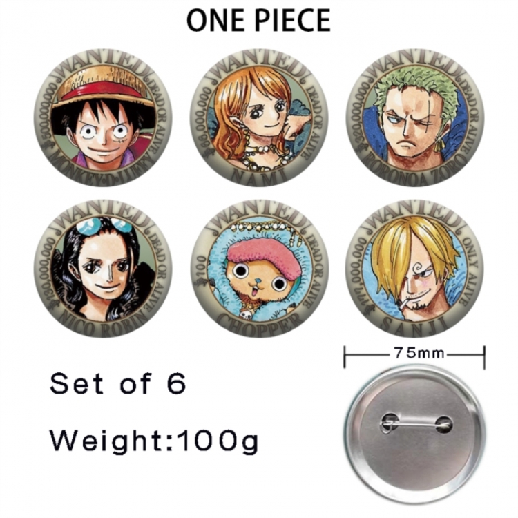 One Piece Anime Tinplate Bright Film Emblem Badge 75mm a set of 6