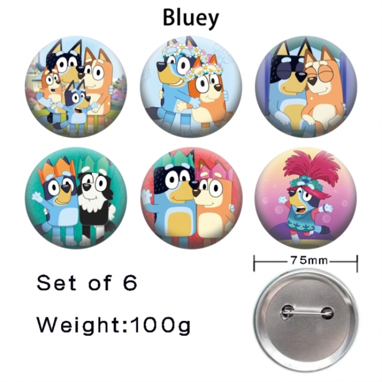 Bluey Anime Tinplate Bright Film Emblem Badge 75mm a set of 6