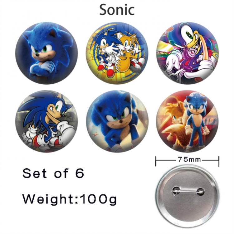 Sonic The Hedgehog  Anime Tinplate Bright Film Emblem Badge 75mm a set of 6