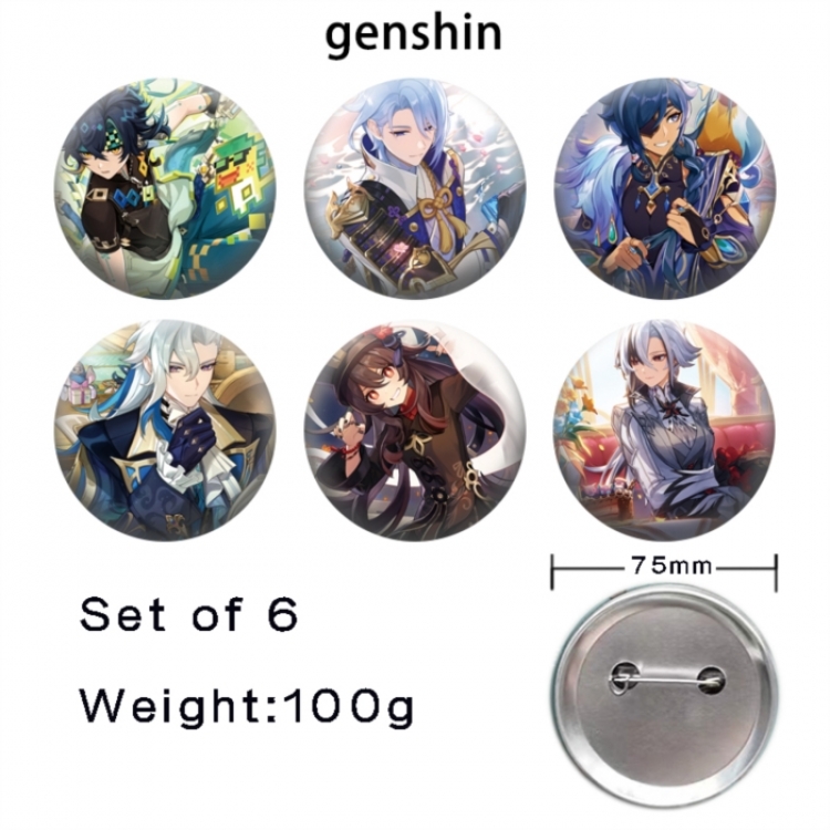 Genshin Impact Anime Tinplate Bright Film Emblem Badge 75mm a set of 6