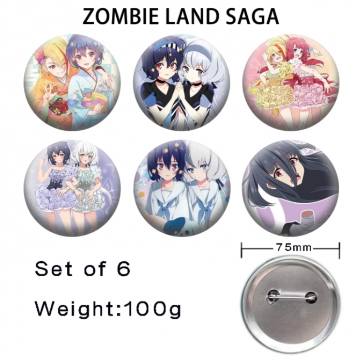 ZombieLandSaga Anime Tinplate Bright Film Emblem Badge 75mm a set of 6