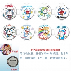 Doraemon Anime Circular laser rainbow film brooch badge 58MM a set of 8