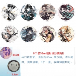 Demon Slayer Kimets  Anime Circular laser fine sand film brooch badge 58MM a set of 8