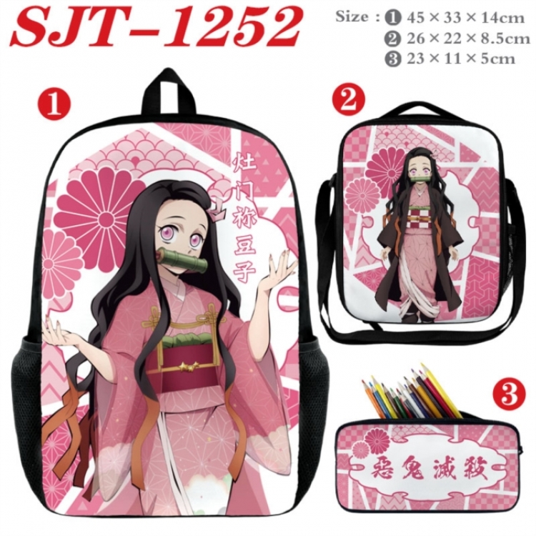 Demon Slayer Kimets Anime nylon canvas backpack pencil case crossbody bag three piece set 45x33x14cm
