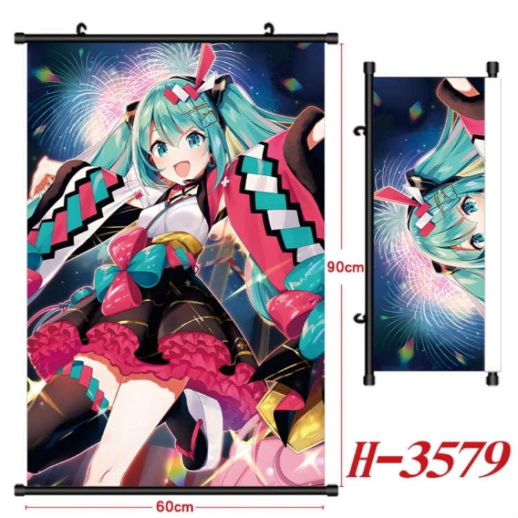 Hatsune Miku Anime Black Plastic Rod Canvas Painting Wall Scroll 60X90CM