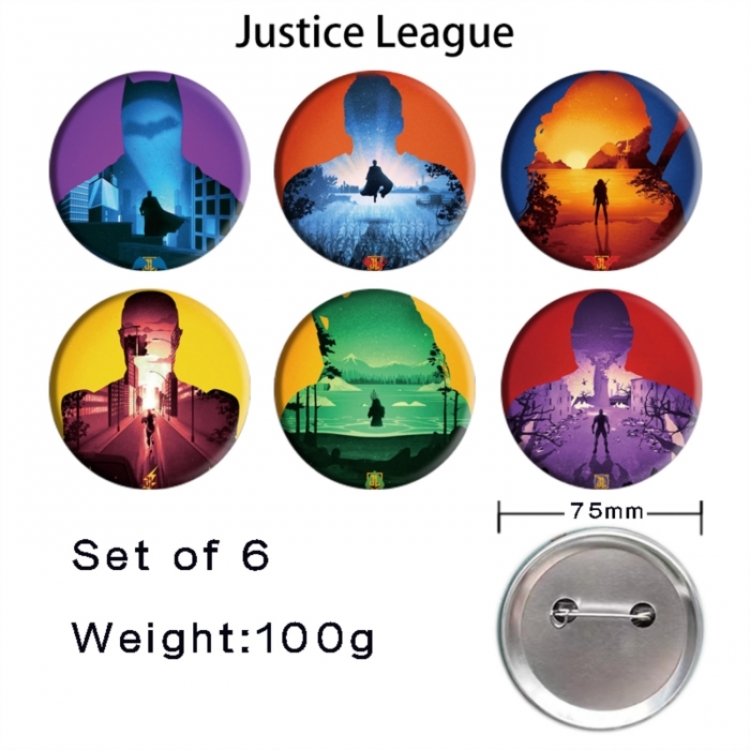 Justice League Anime Tinplate Bright Film Emblem Badge 75mm a set of 6