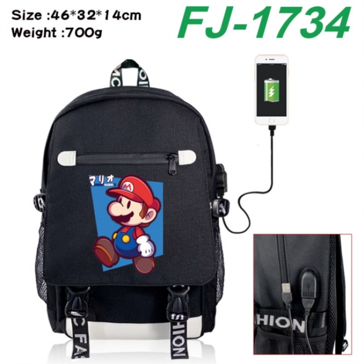 Super Mario canvas USB backpack cartoon print student backpack 46X32X14CM 700g 