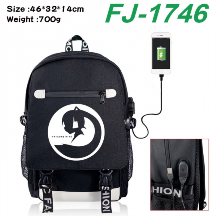 Hatsune Miku canvas USB backpack cartoon print student backpack 46X32X14CM 700g 