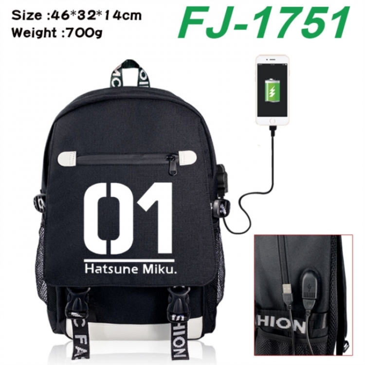 Hatsune Miku canvas USB backpack cartoon print student backpack 46X32X14CM 700g 