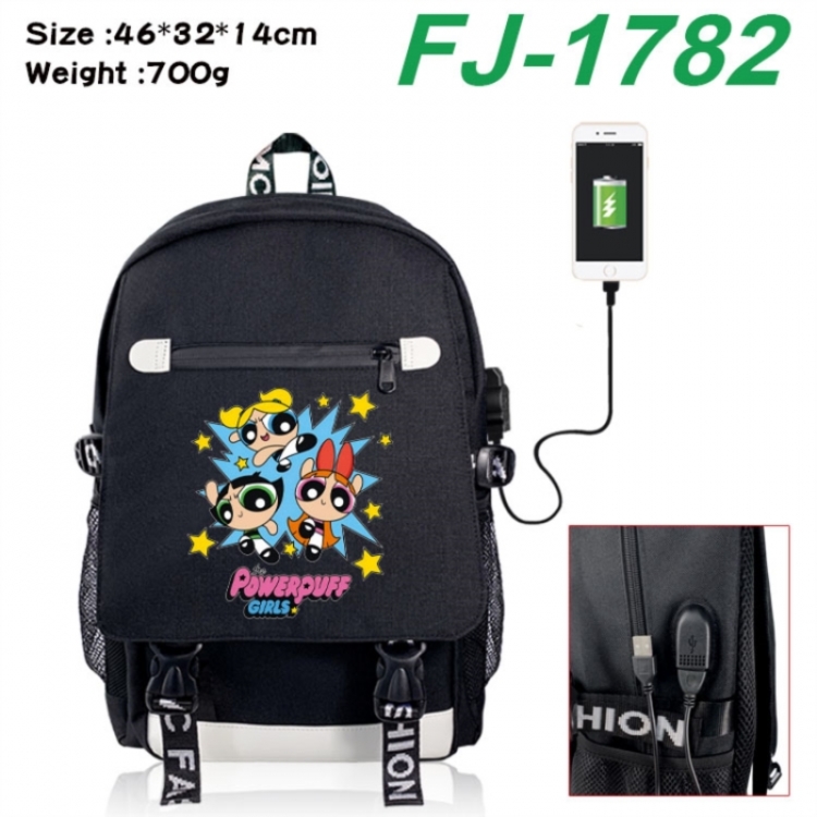 The Powerpuff Girls canvas USB backpack cartoon print student backpack 46X32X14CM 700g 